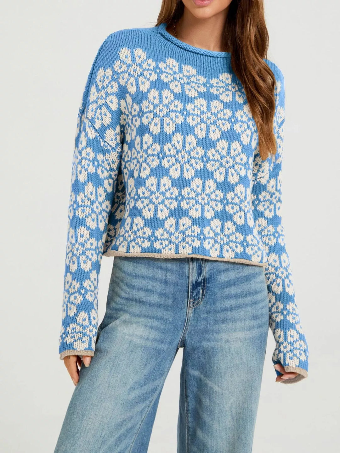 Blue Floral knit dropped shoulder sweater with contrast trim