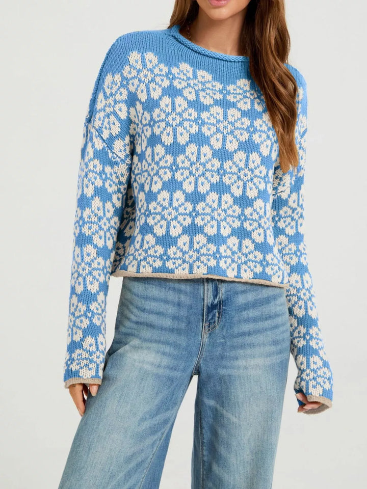 Blue Floral knit dropped shoulder sweater with contrast trim