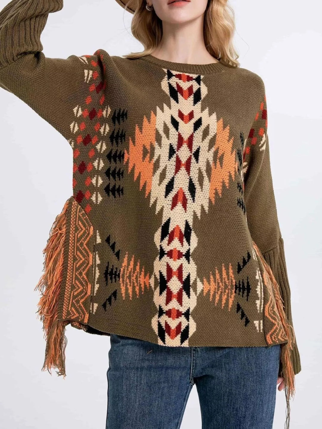 Brown Aztec geometric fringe knit pullover sweater