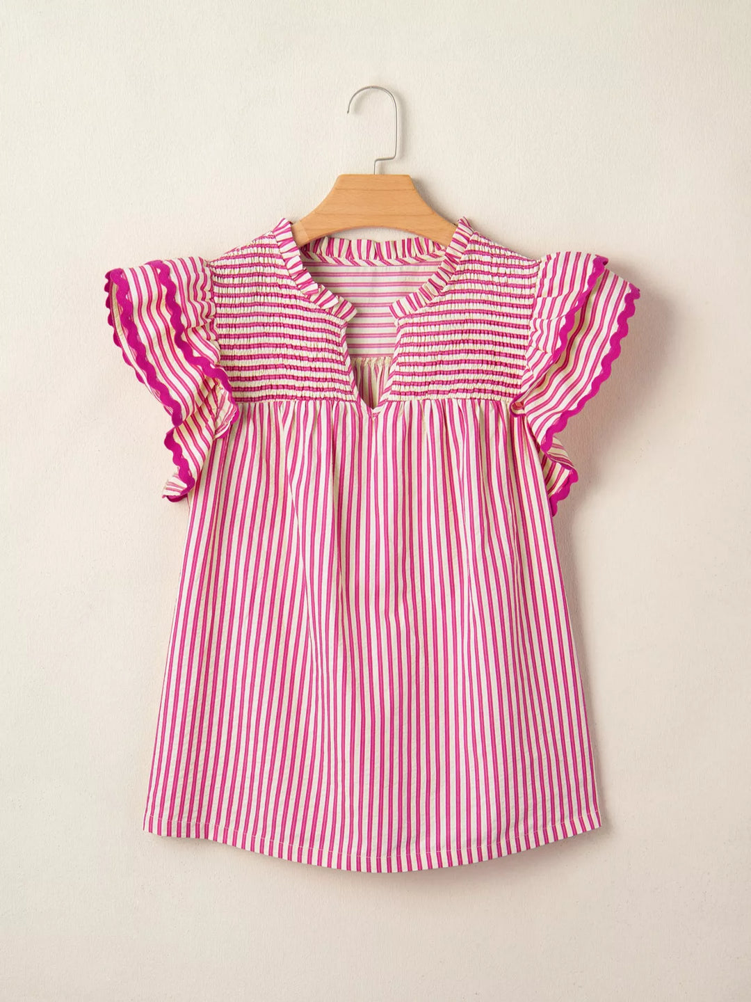 Striped shirred-yoke blouse with ruffled flutter sleeves