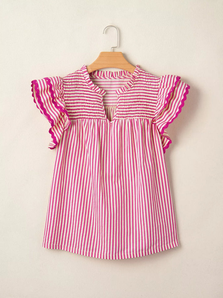 Striped shirred-yoke blouse with ruffled flutter sleeves