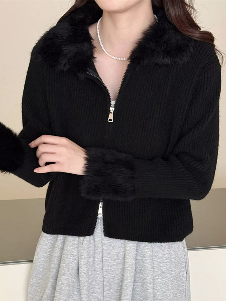 Ribbed knit zip-up cardigan with fluffy faux fur trim