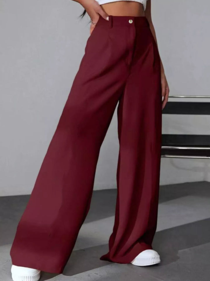 Burgundy High-rise wide-leg pleated pants with button waist