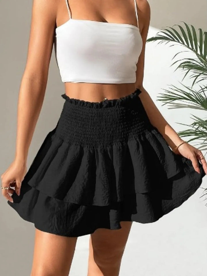 High-waist smocked tiered ruffle mini skirt