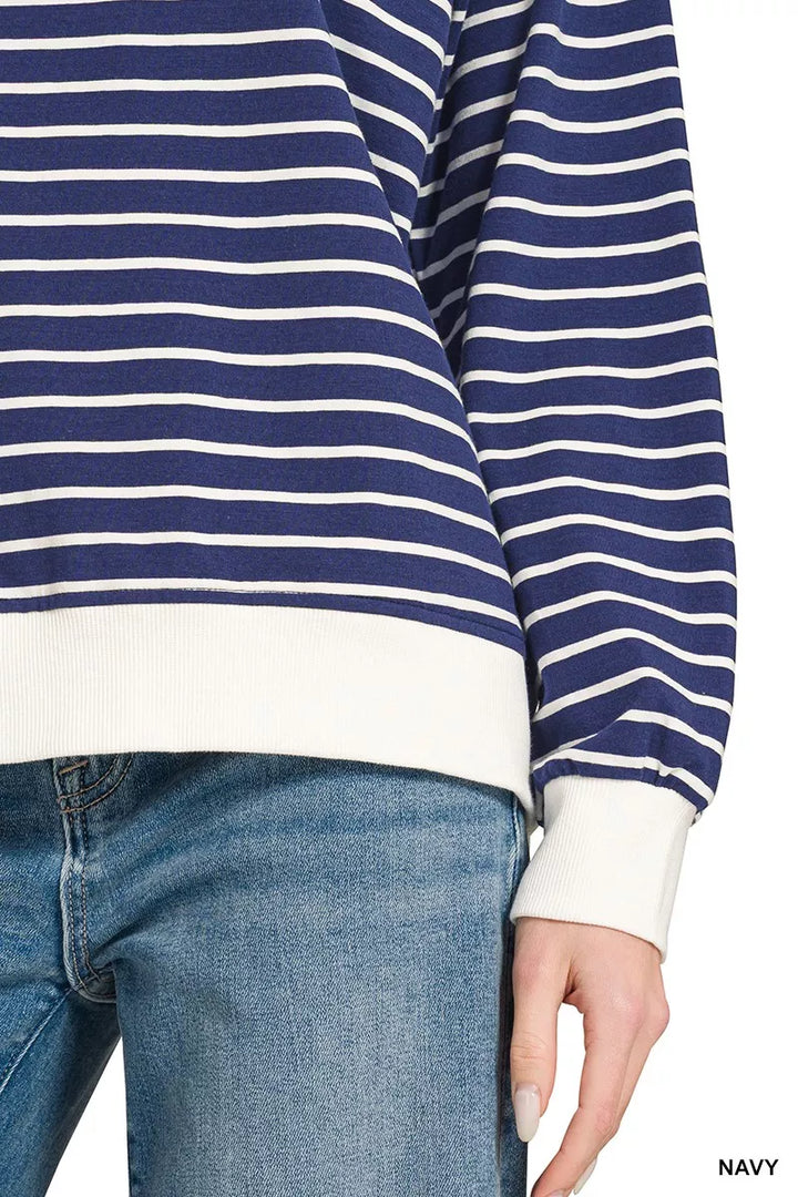 Striped crew neck sweatshirt with contrast ribbed trim