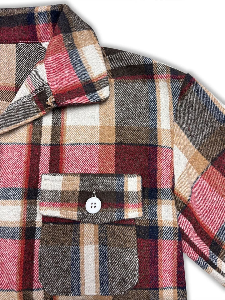 Plaid flannel button-down shacket with chest pockets