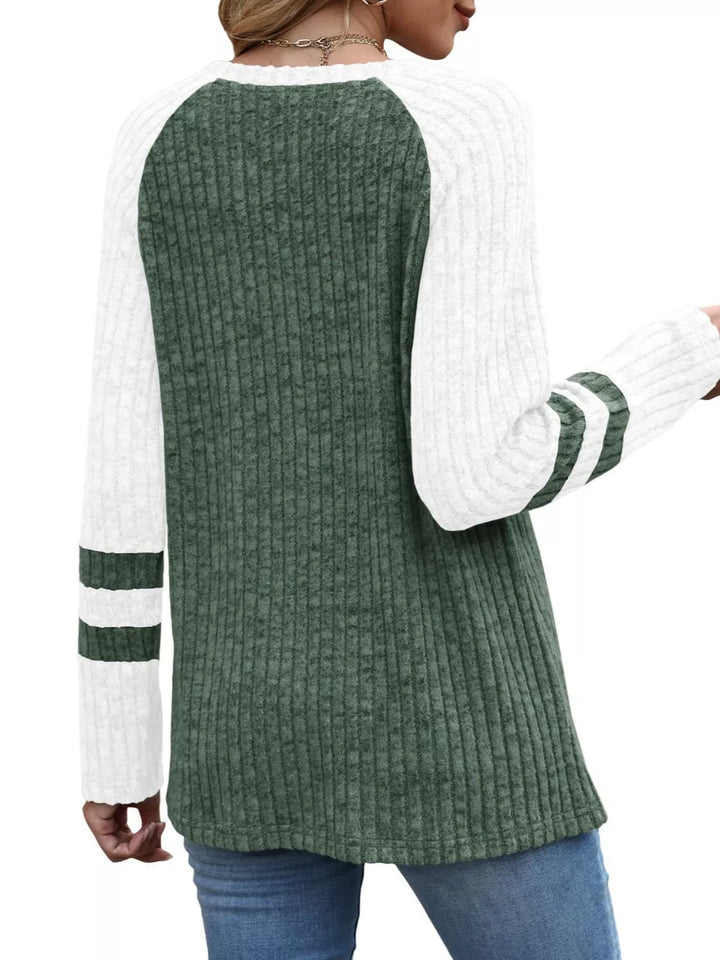Ribbed knit raglan long sleeve top with varsity stripe sleeves