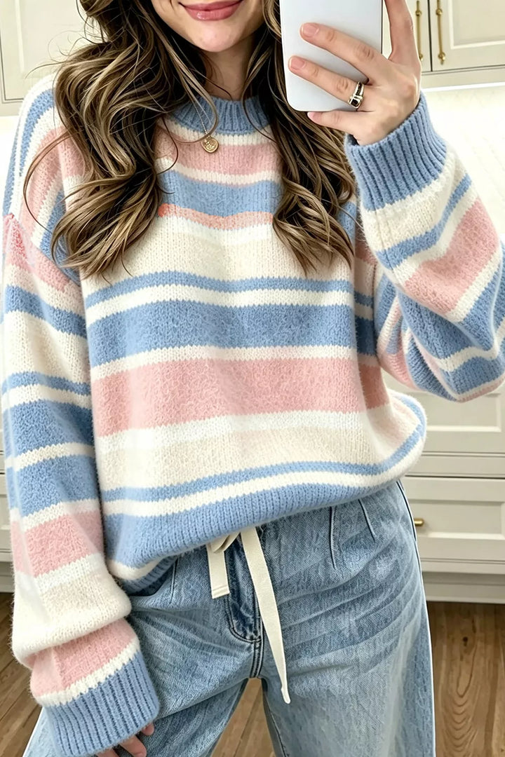 Light Blue Striped drop shoulder mock neck pullover sweater
