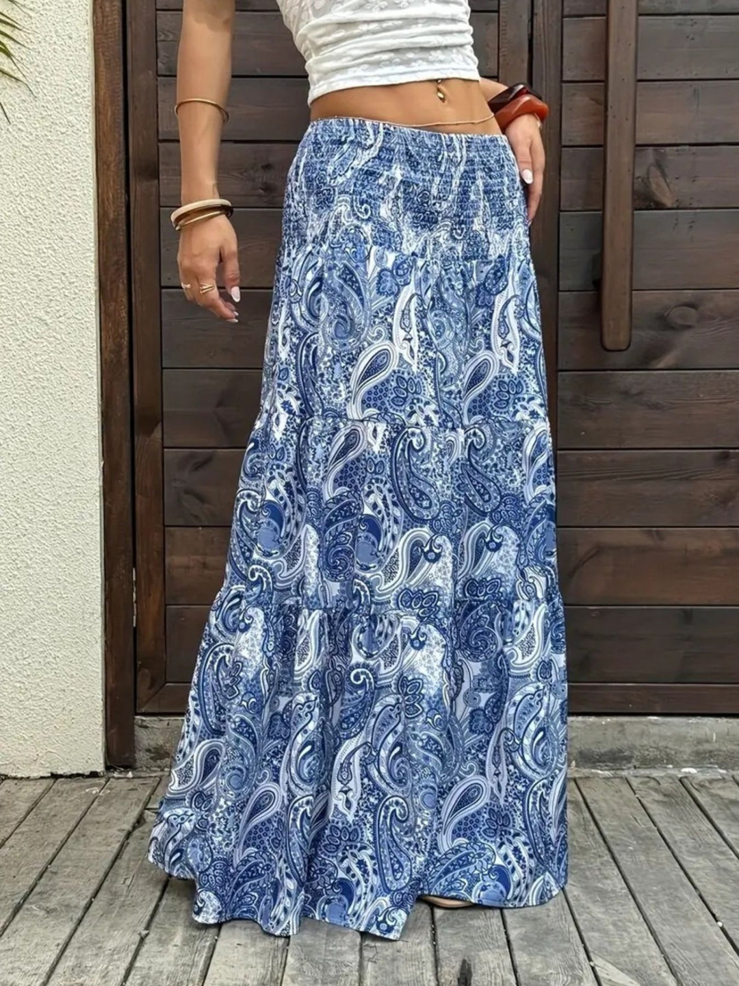 Paisley print maxi skirt with smocked waist