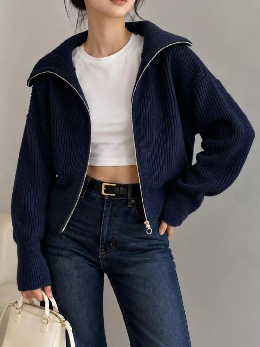 Chunky two-way zip sweater jacket with foldover collar