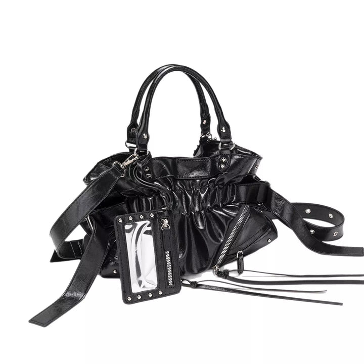Ruched faux leather crossbody bag with studded mirror charm