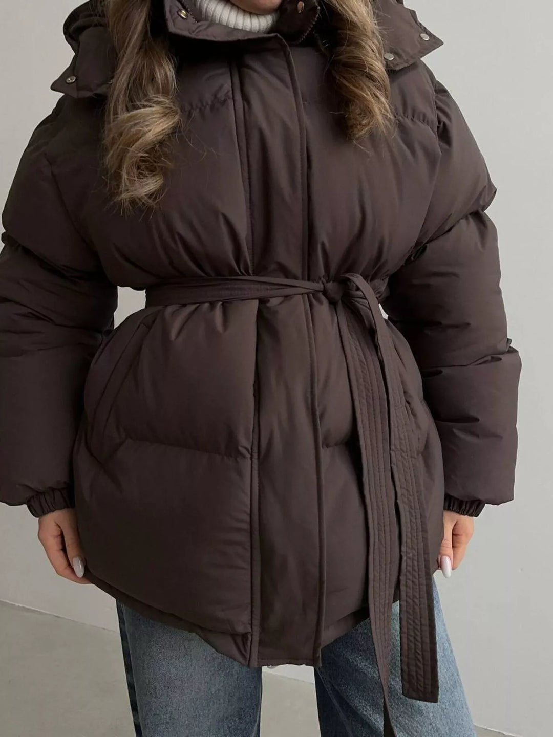 Belted puffer winter coat with snap-off hood