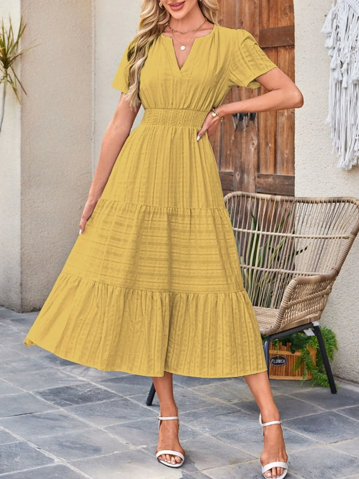 Tiered notched neck short sleeve midi dress with pockets