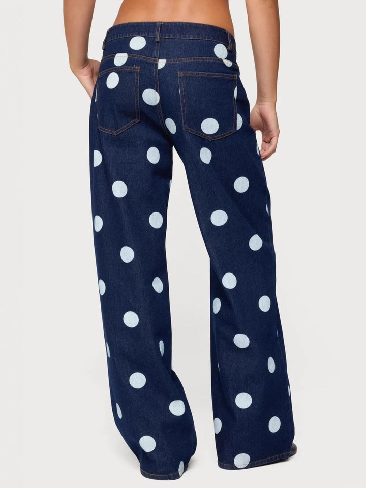 Polka dot wide leg jeans with button fly