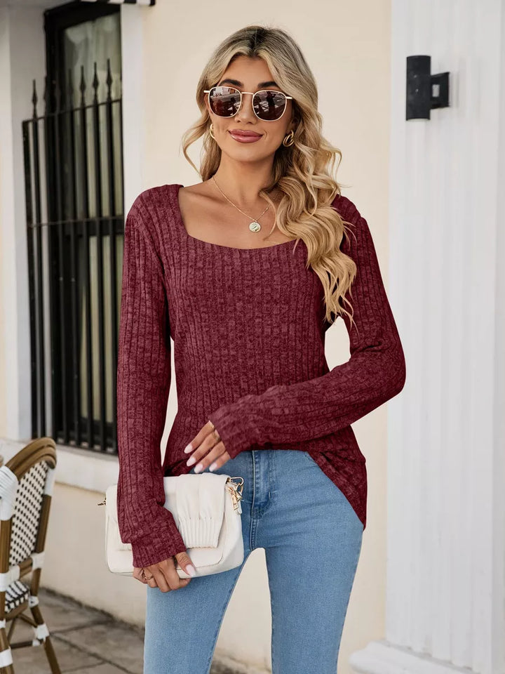 Fitted ribbed square neck long sleeve top