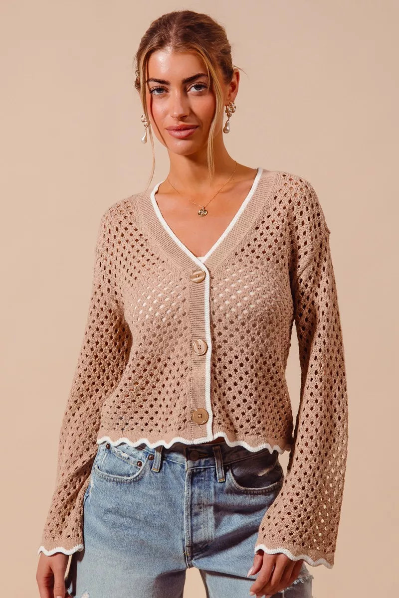 Open knit button-front cardigan with scallop contrast trim