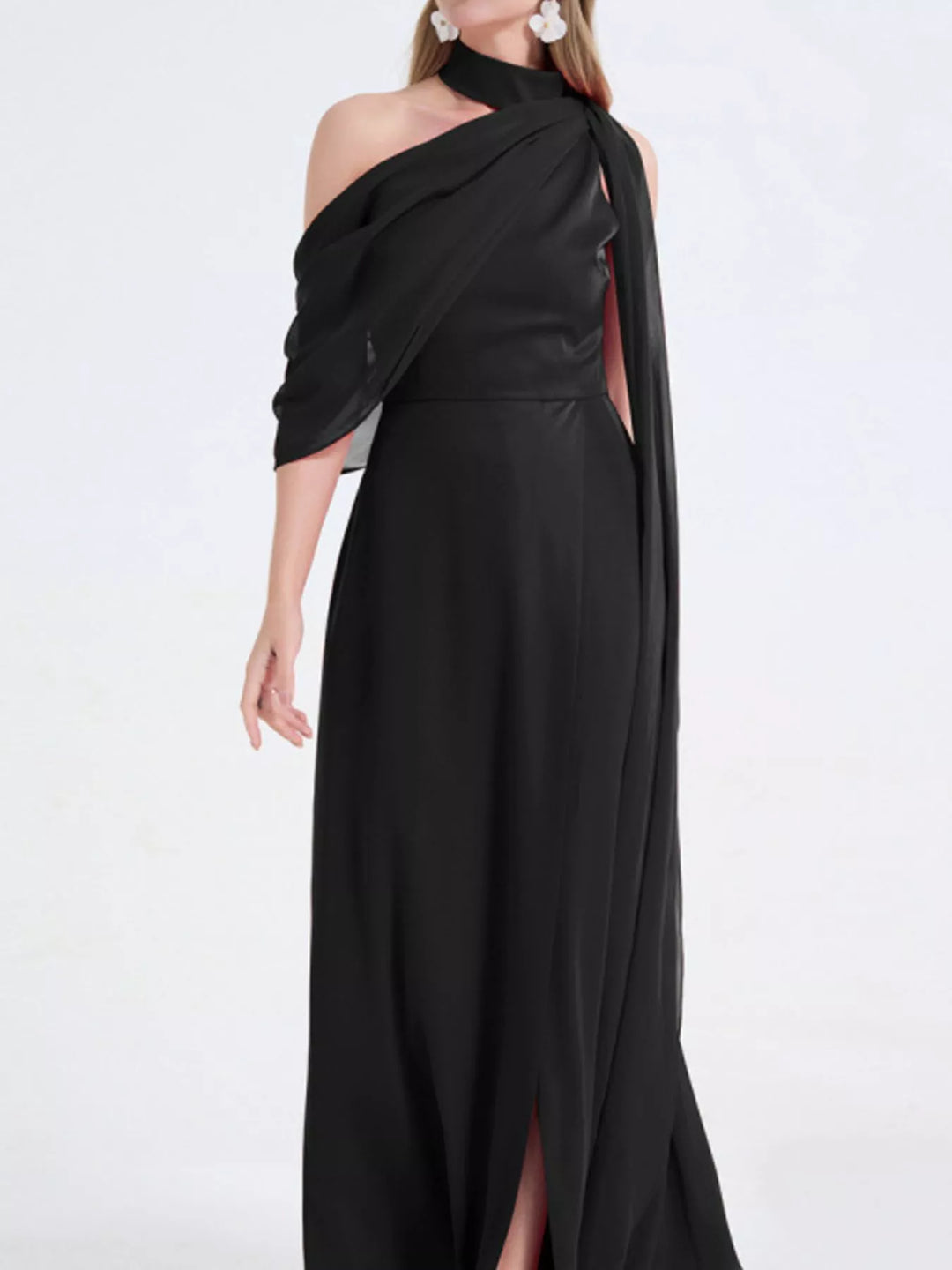 Black Asymmetric one-shoulder maxi dress with high thigh slit