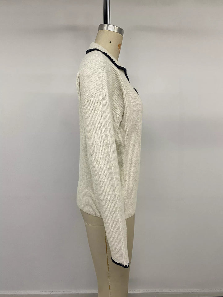 Contrast trim ribbed knit polo sweater with dropped shoulders