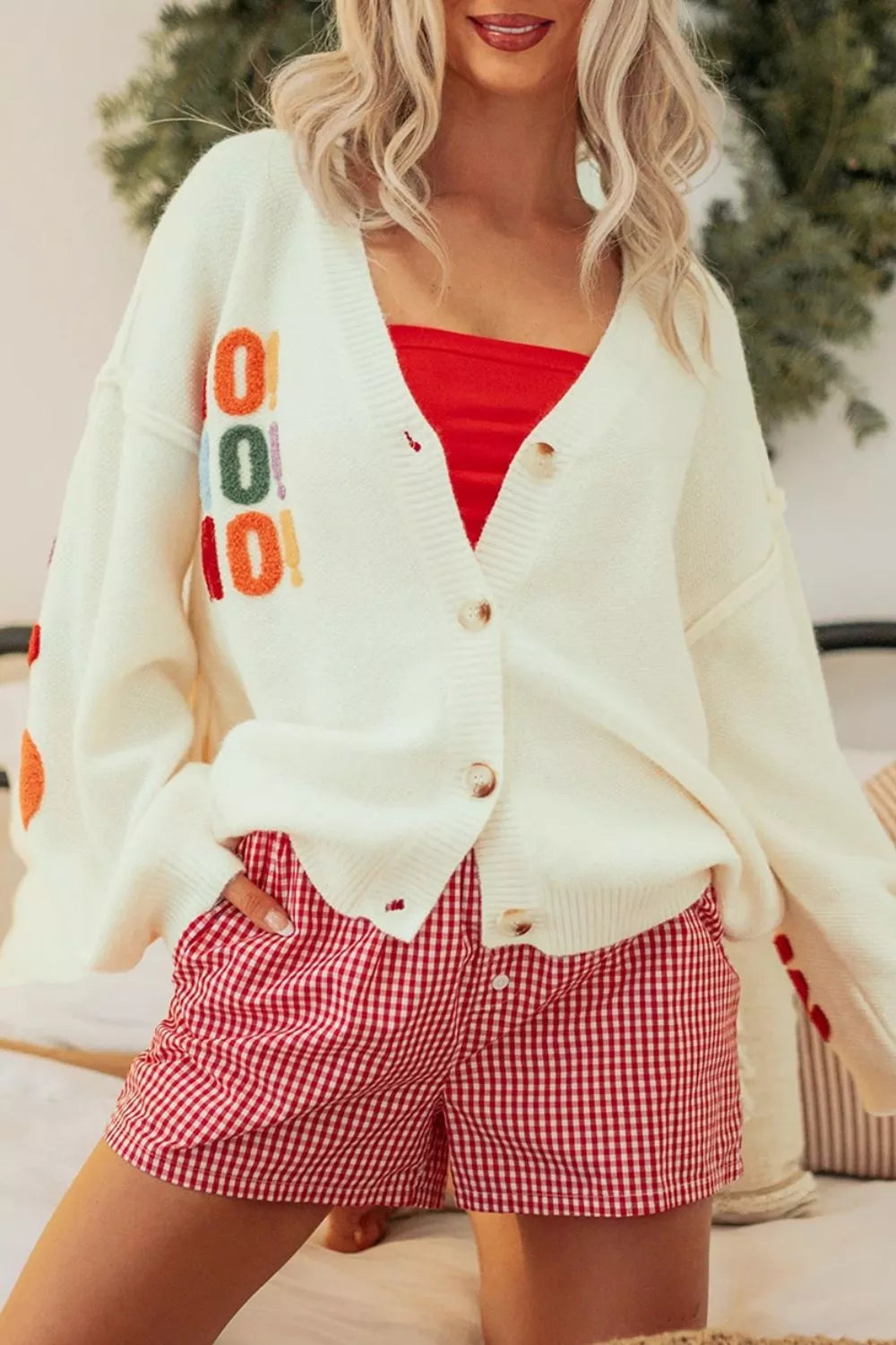 Ho Ho Ho chenille letter button-up knit cardigan