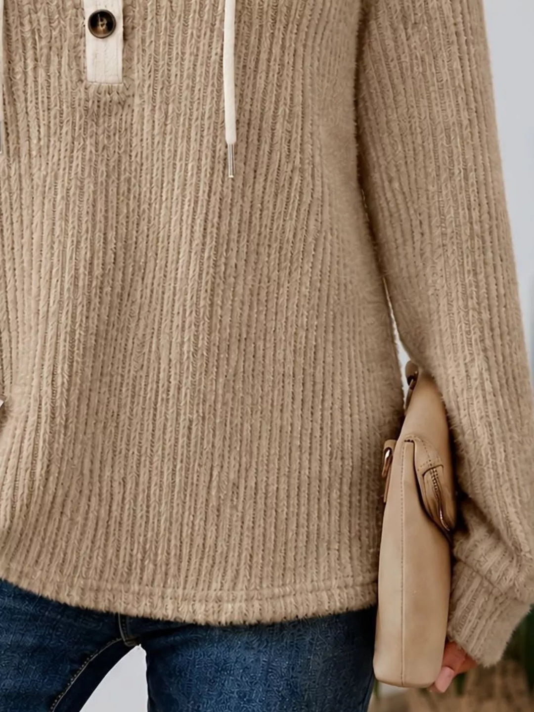 Ribbed knit drawstring hoodie with button henley placket