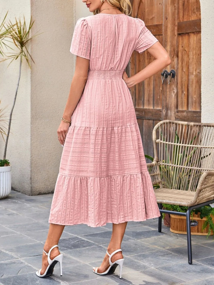 Tiered notched neck short sleeve midi dress with pockets