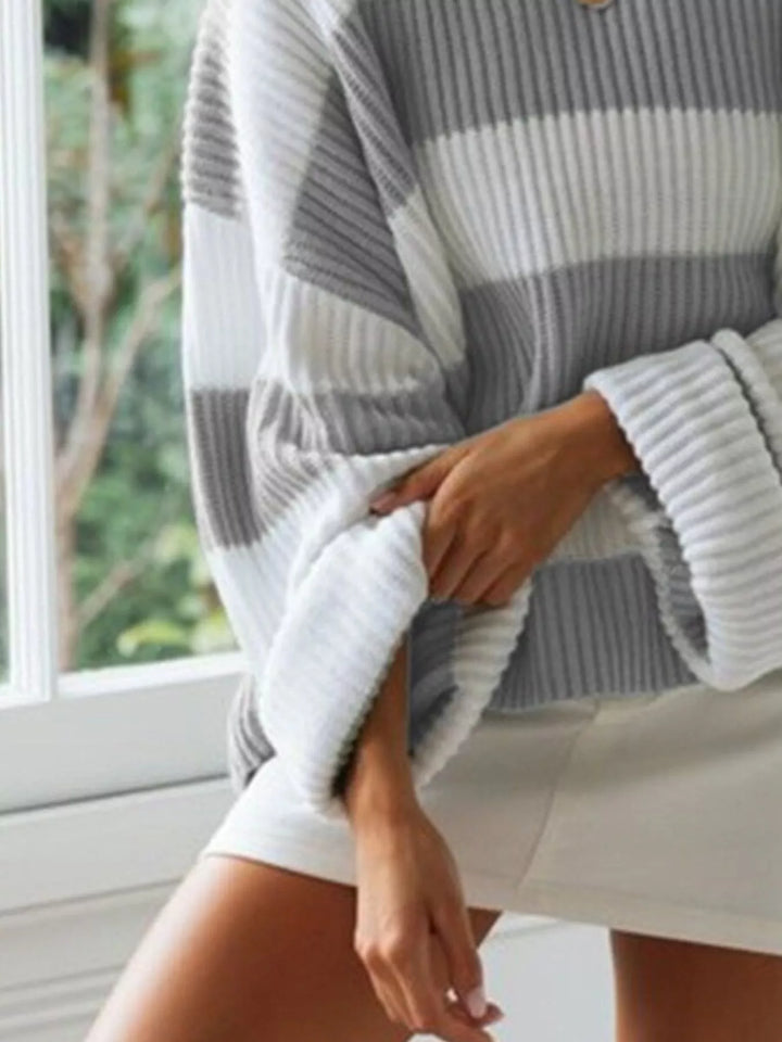 Oversized striped ribbed knit crew neck sweater