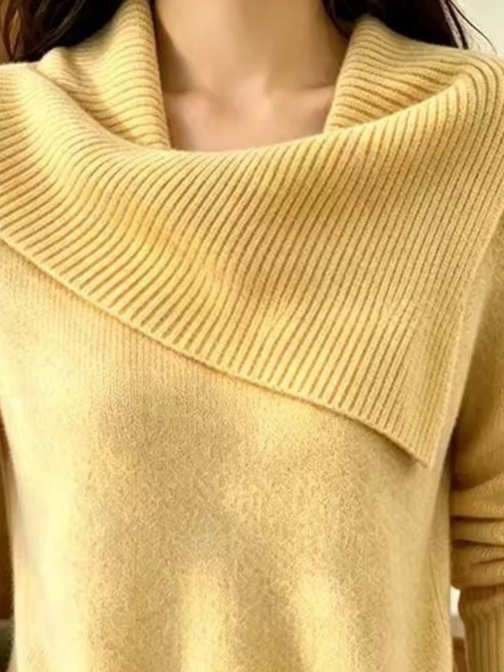 Asymmetric foldover ribbed collar knit pullover sweater
