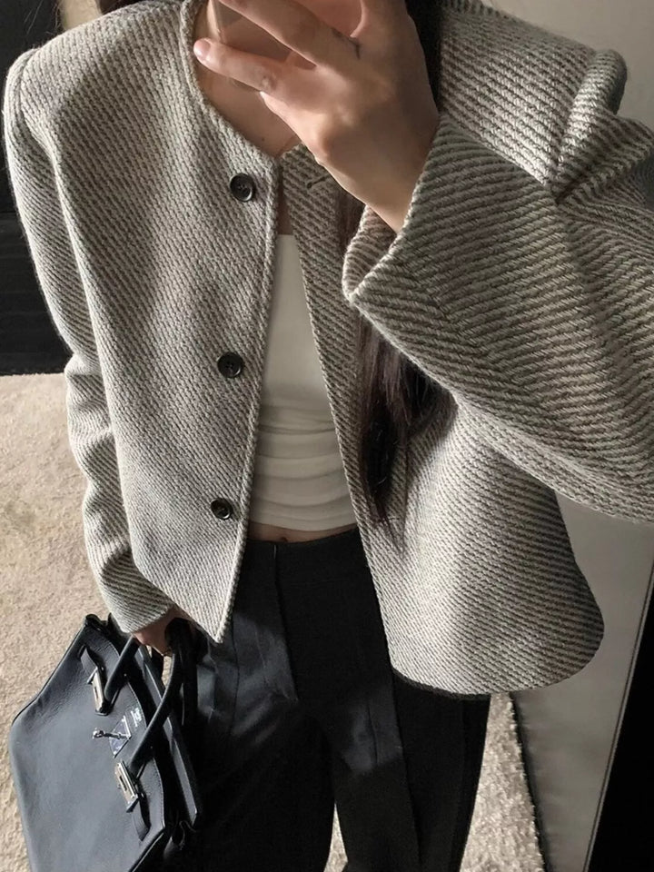 Light Gray Collarless tweed cropped jacket with button front