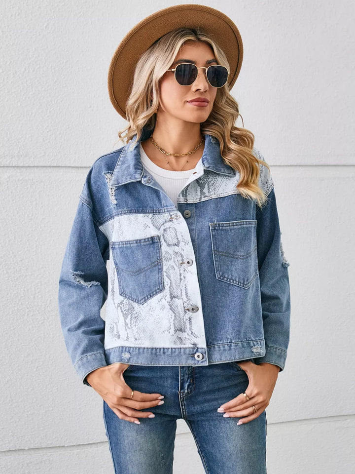 Python Pattern Distressed animal print cropped denim jacket