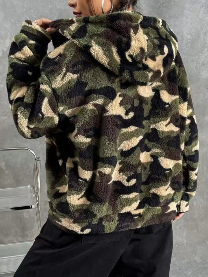 Cropped fuzzy camo zip-up fleece hoodie jacket