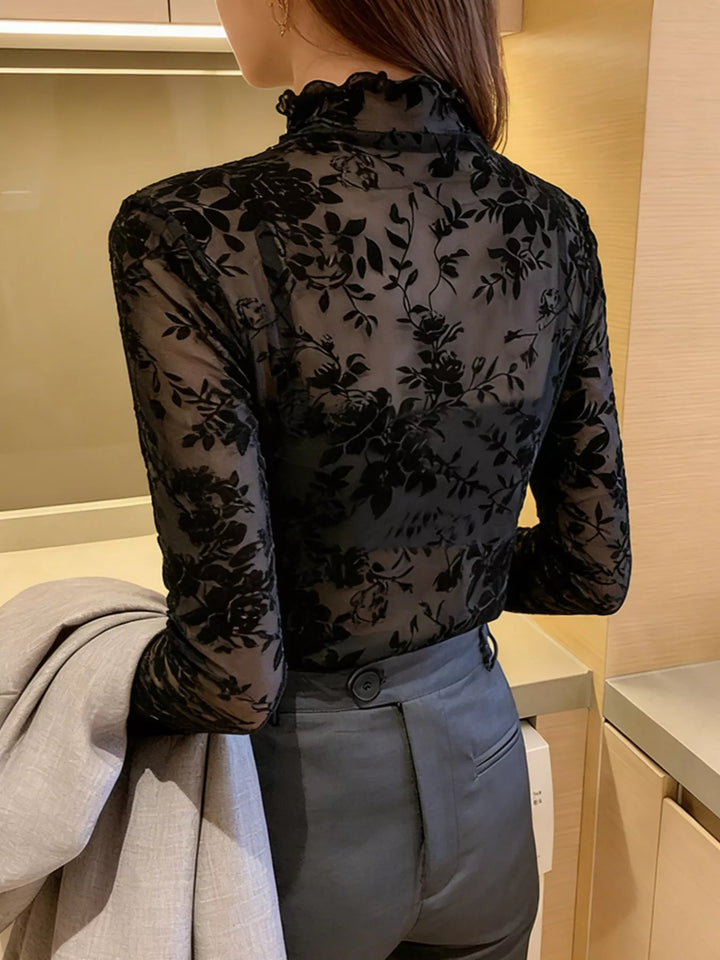 Sheer floral mesh mock neck long sleeve top