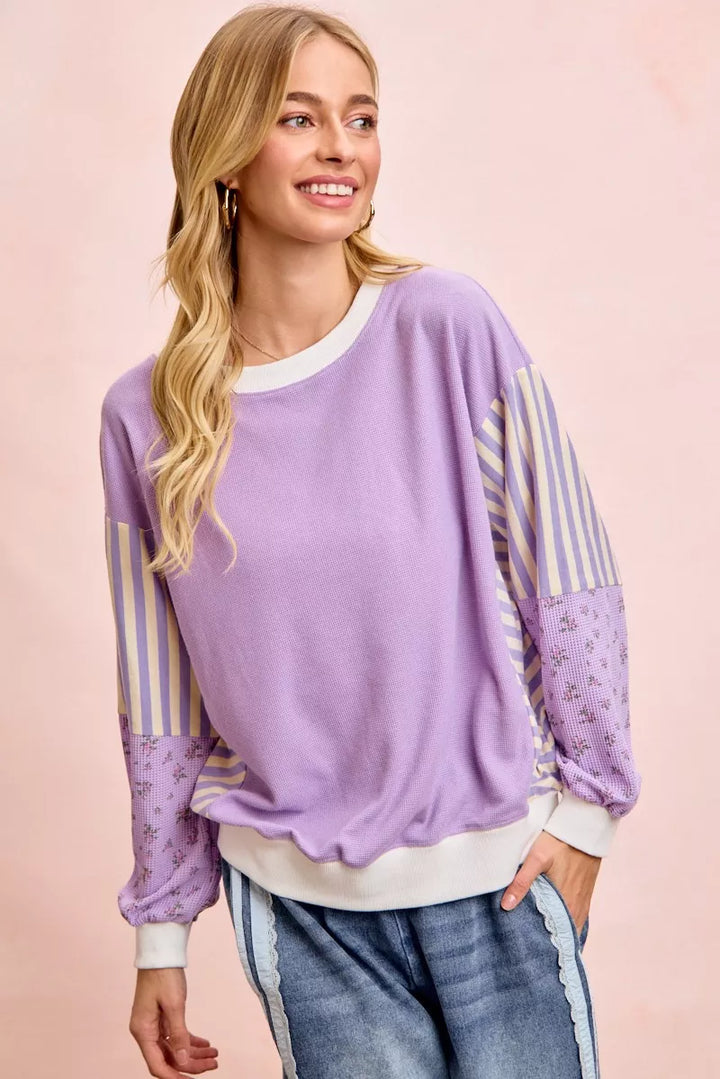Mix-print waffle knit sweatshirt with striped and floral sleeves