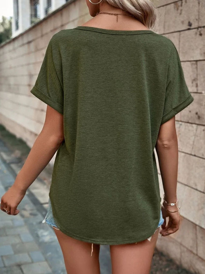 Decorative button-front notch neck short sleeve tee