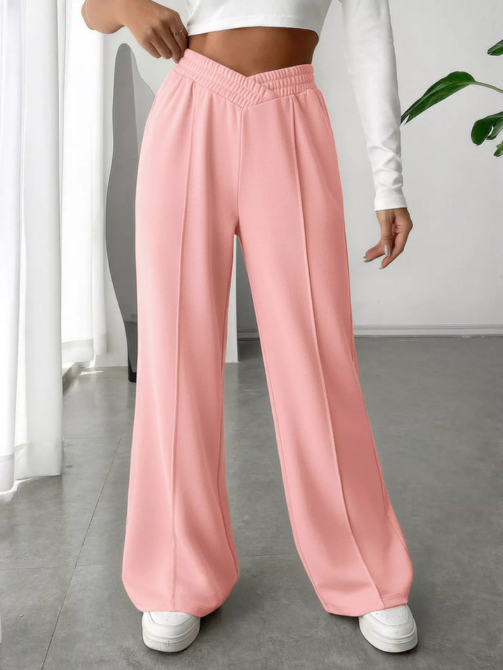 Blush Pink High waist wide leg pull-on pants with V-notch waistband