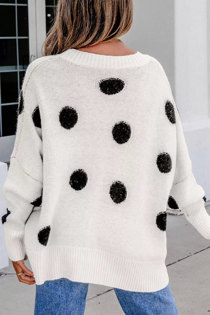 Fuzzy polka dot button-up knit cardigan with pockets
