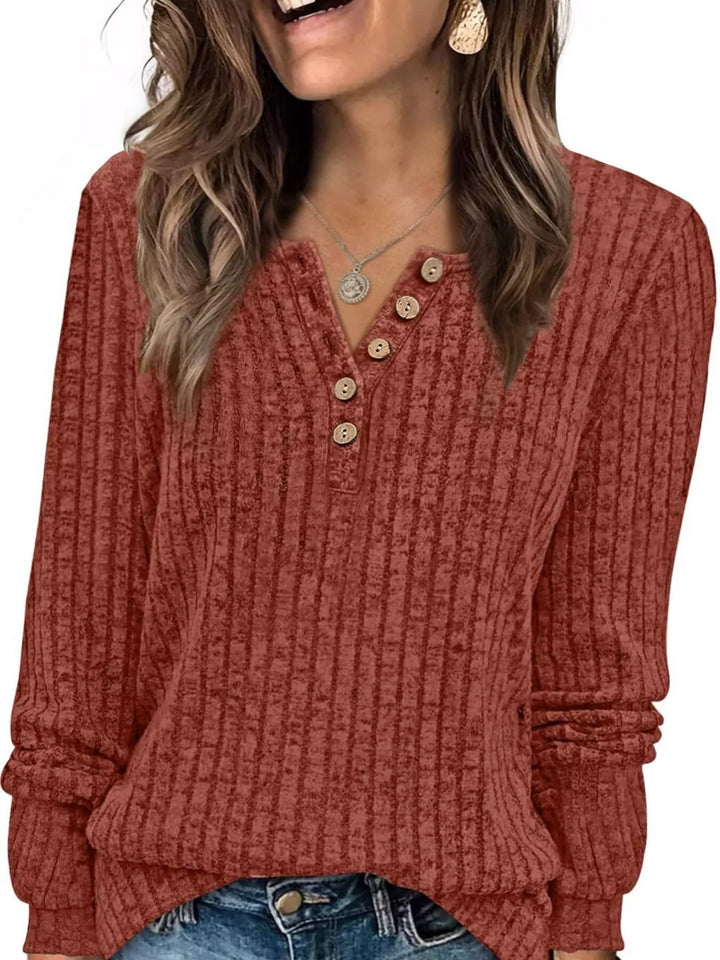 Ribbed knit button henley long sleeve top