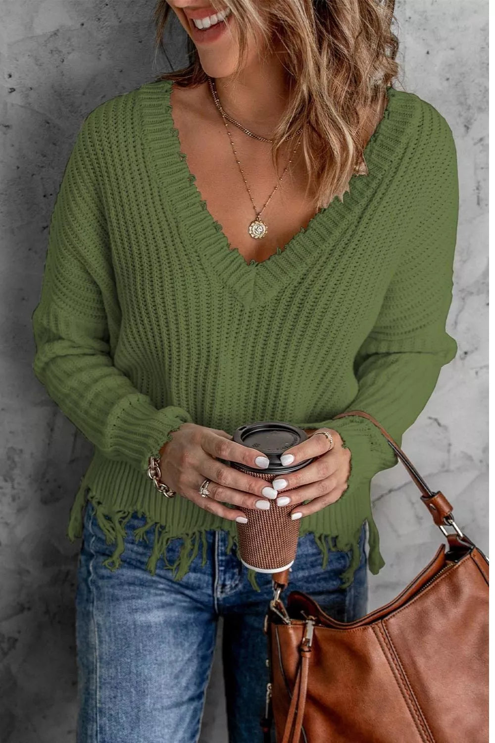 Army Green Distressed raw hem ribbed knit V-neck sweater