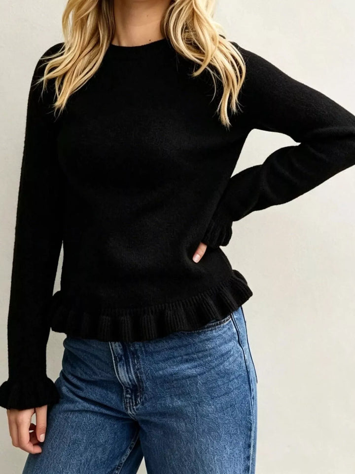 Black Ruffle hem crew neck knit sweater with ruffled cuffs