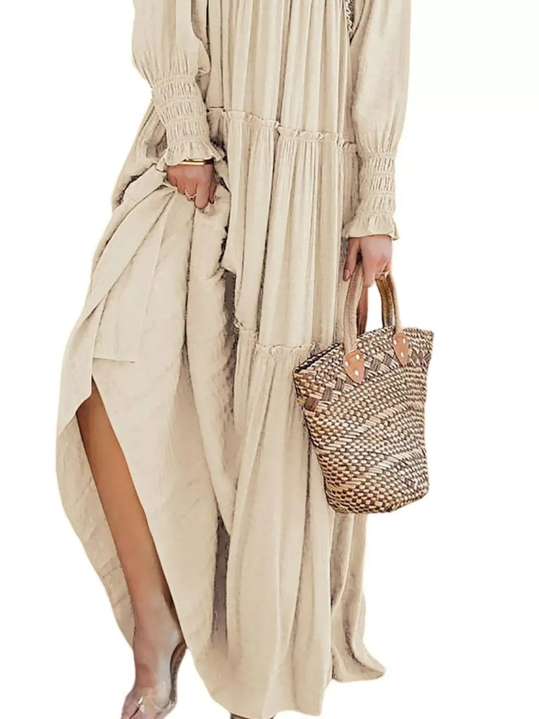 Smocked v-neck tiered maxi dress with long sleeves