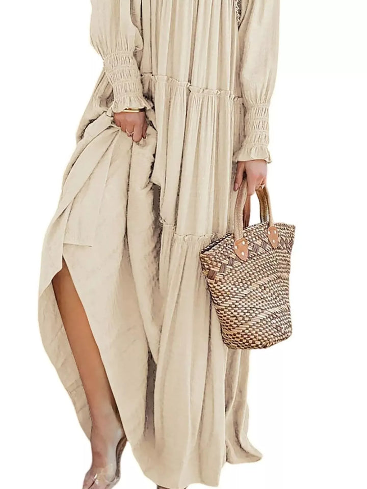 Smocked v-neck tiered maxi dress with long sleeves