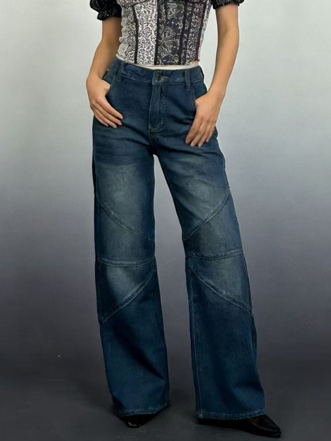 Dark Blue Vintage wash high-rise wide leg jeans with paneled seams