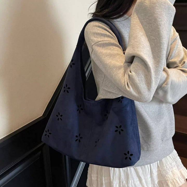 Floral cut-out suede-look hobo bag with zip pouch