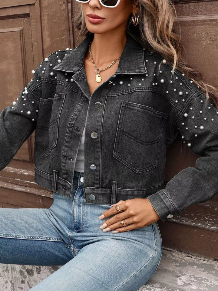 Dark Gray Pearl-embellished cropped denim jacket with patch pockets