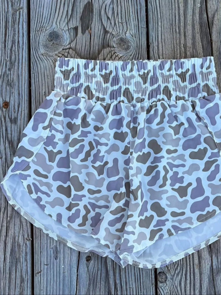 Camo print flowy running shorts with elastic waist