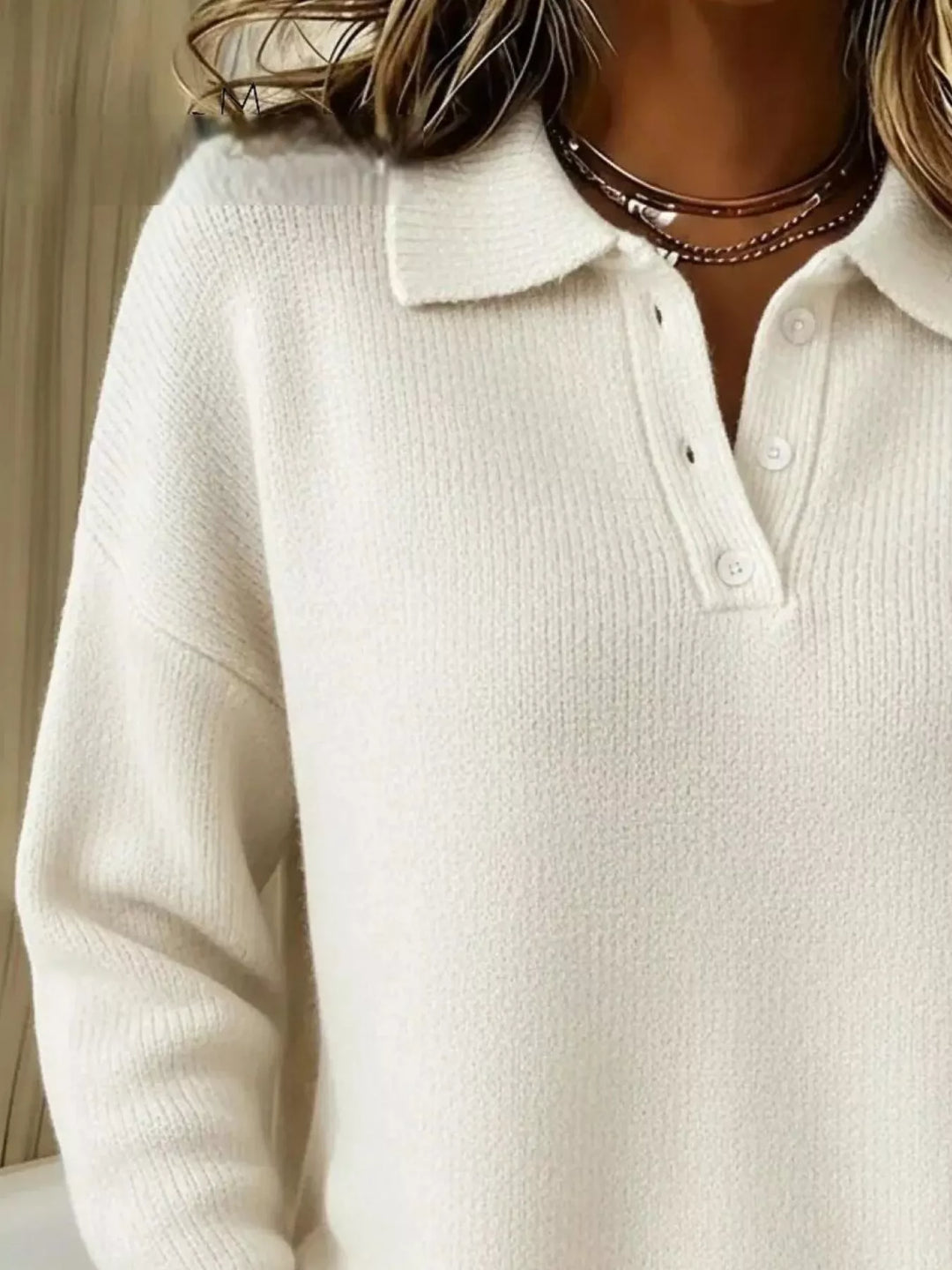 Half-button collar drop-shoulder pullover sweater