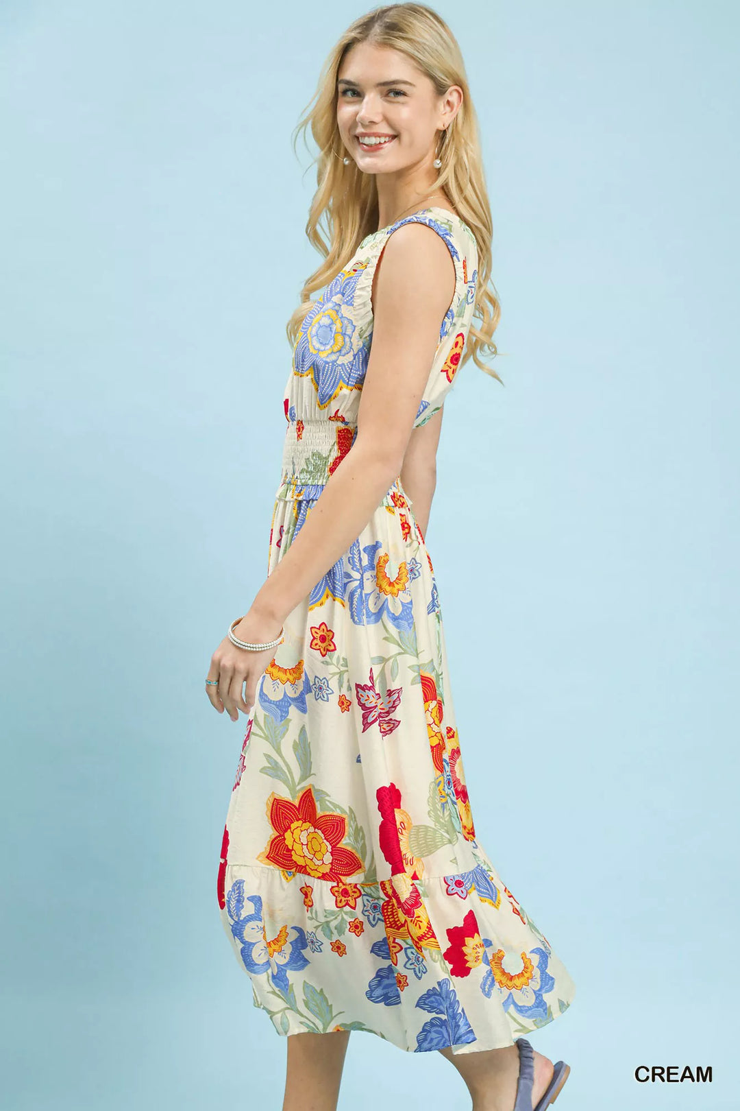 Sleeveless floral smocked-waist tiered midi dress