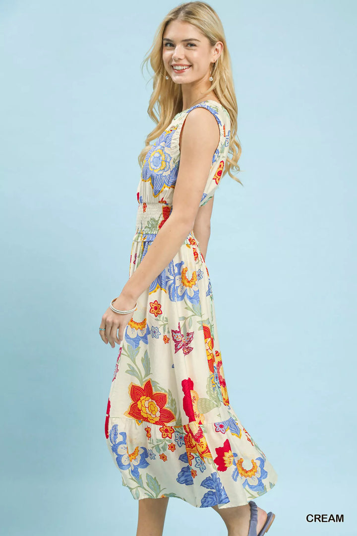 Sleeveless floral smocked-waist tiered midi dress