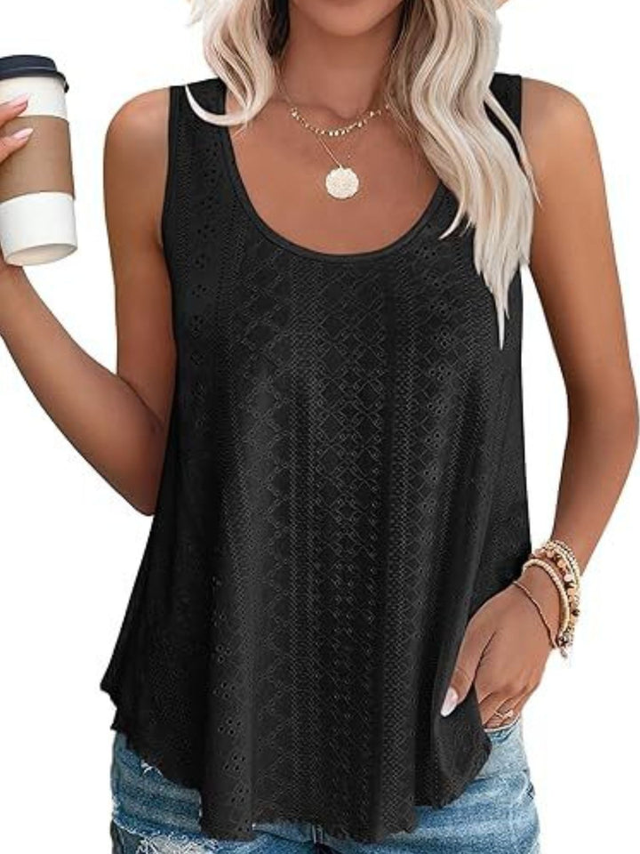 Black Eyelet knit scoop neck flowy swing tank top