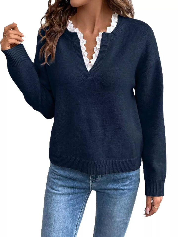 Lace trim notch neck drop shoulder sweater