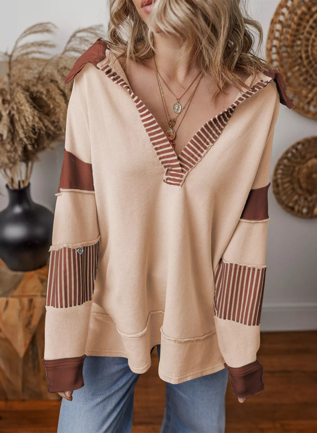 Color block striped Johnny collar sweatshirt with exposed seams